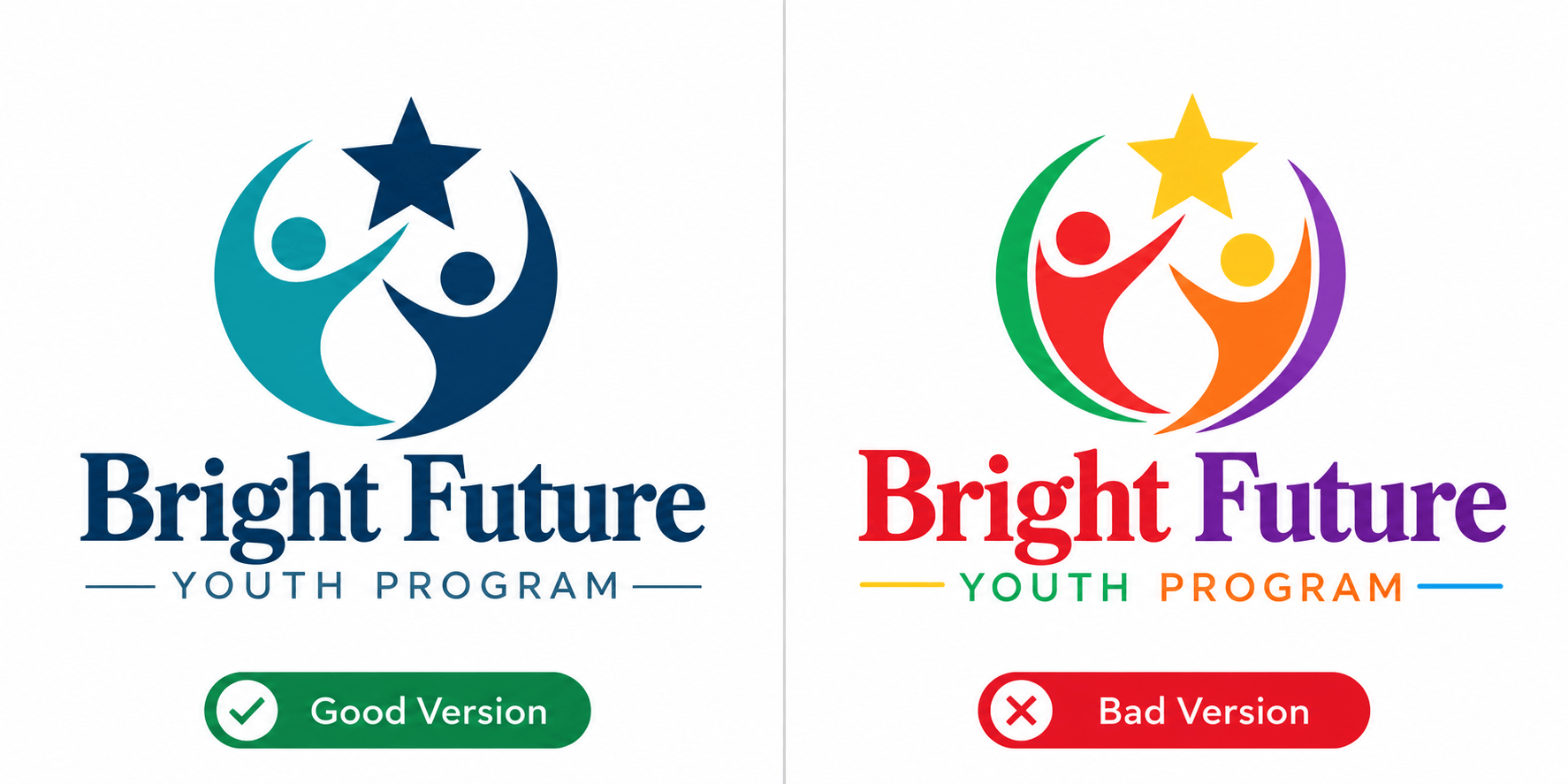 logo with coordinated palette vs. too many unrelated colors